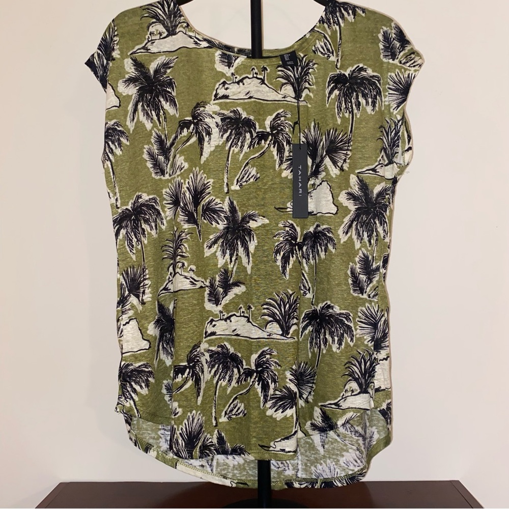 NWT Tahari Womens Blouse 100% Linen Palm Tree Floral Size Large